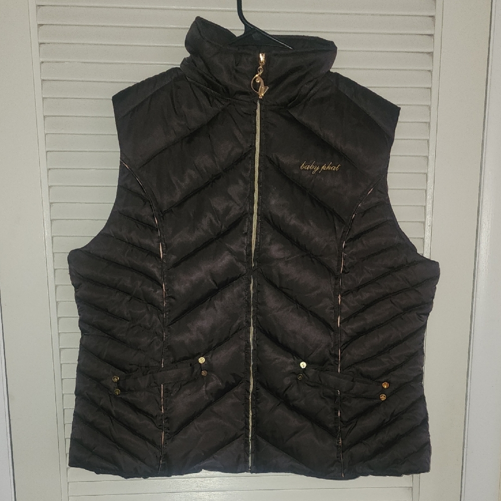Y2K Baby Phat Brown Puffer Vest 2XL – Quilted Zip-Up with Leopard Print Lining
